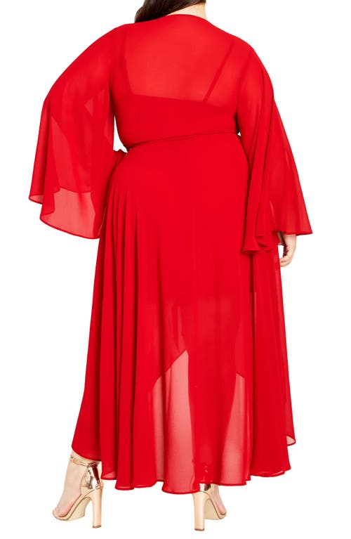 City Chic Fleetwood Long Sleeve Chiffon Wrap Dress In Red