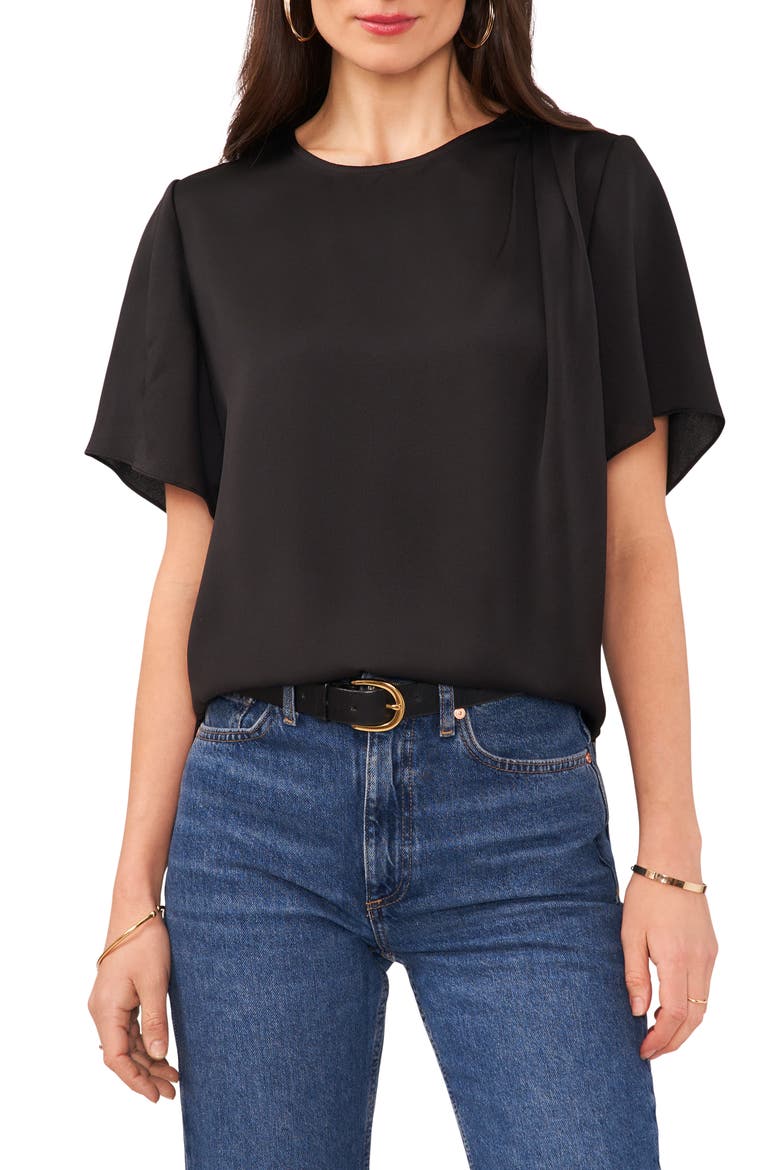 Flutter Sleeve Hammered Satin Blouse, Main, color, RICH BLACK