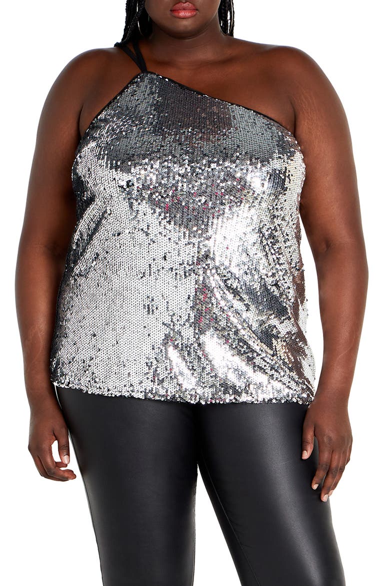 Lottie Sequin One-Shoulder Top, Main, color, SILVER