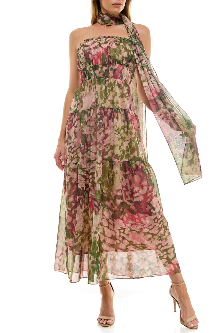 Metallic Floral Strapless Dress & Scarf Set, Alternate, color, OLIVE/ PINK