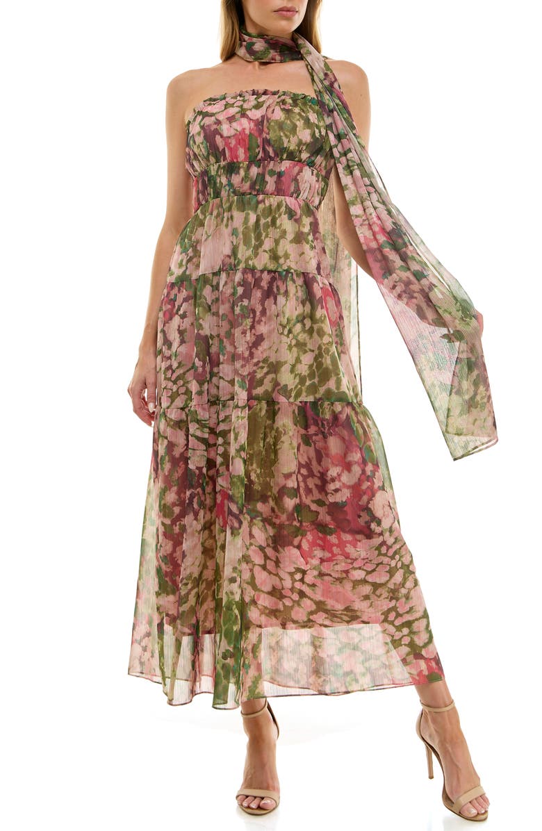 Socialite Metallic Floral Strapless Dress & Scarf Set, Alternate, color, Olive/ Pink
