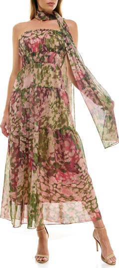 Metallic Floral Strapless Dress & Scarf Set