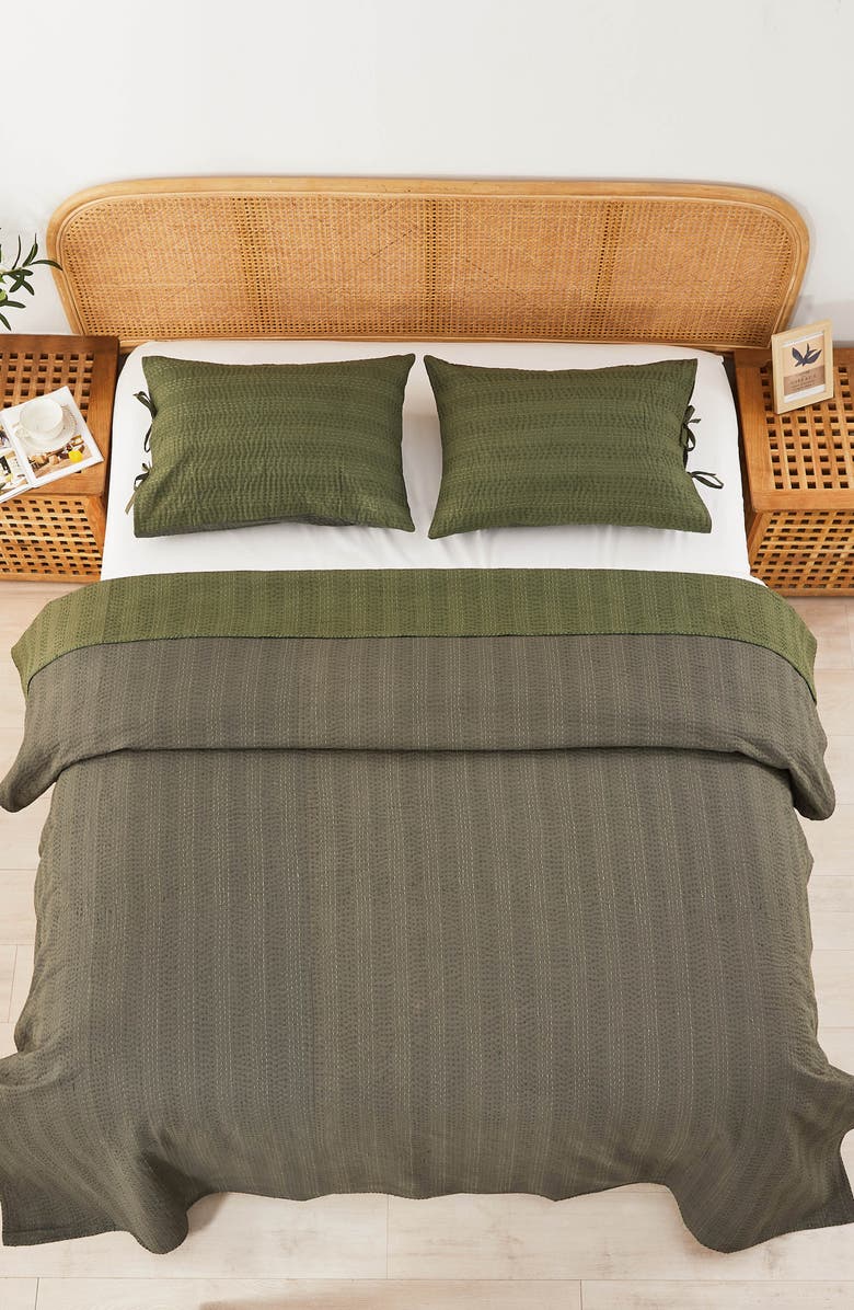 MELANGE HOME Kantha Reversible Cotton Coverlet, Alternate, color, Forest And Olive