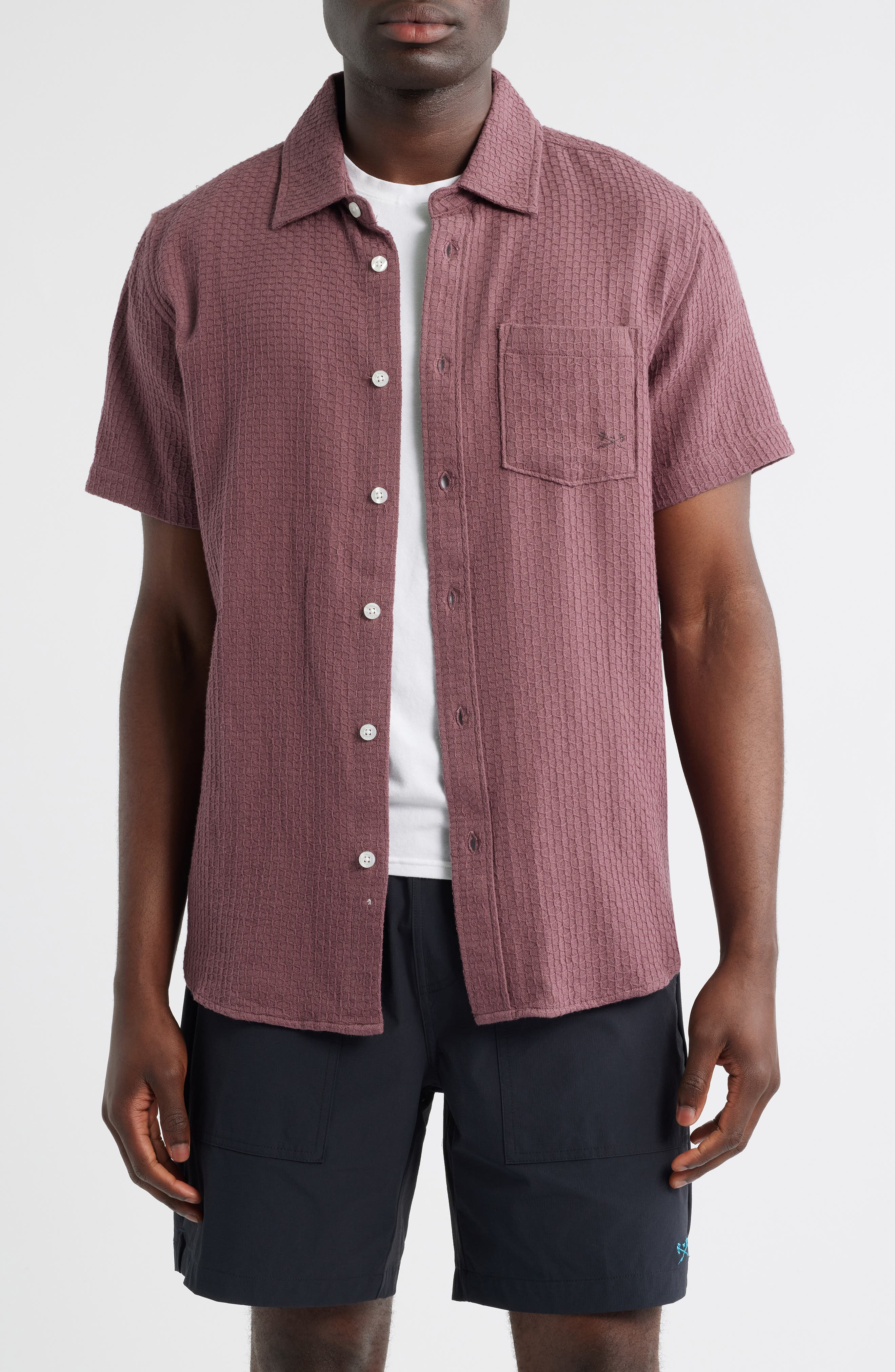 Textured Short Sleeve Cotton Button-Up Shirt - image 3