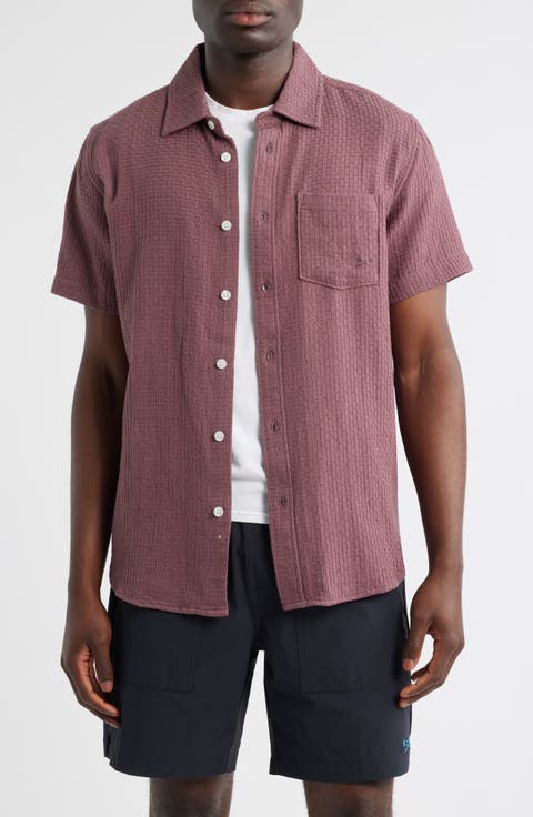Textured Short Sleeve Cotton Button-Up Shirt
