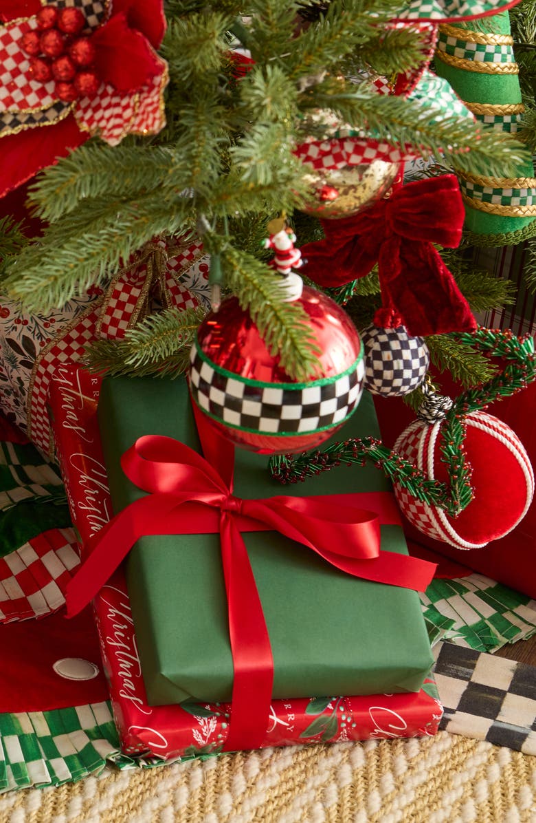 MACKENZIE CHILDS Set of 4 Check It Out Santa Glass Ball Ornaments, Alternate, color, Red