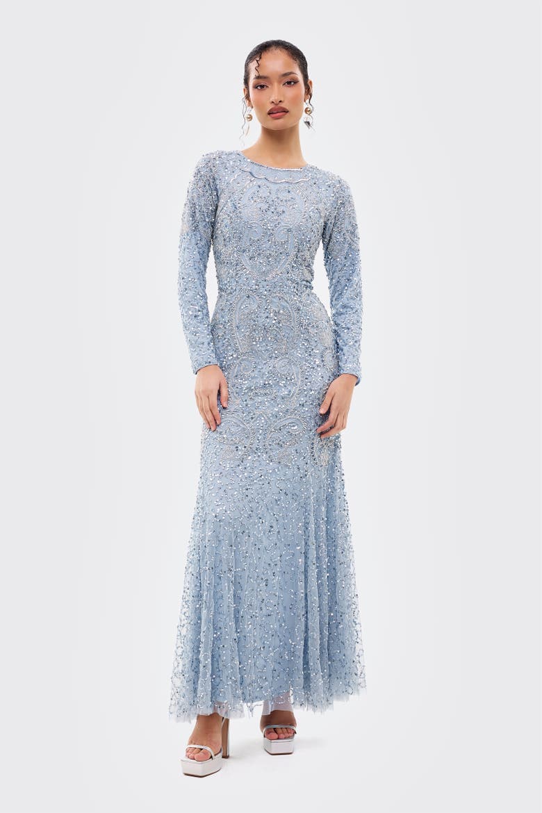 Modest Embellished Sequins Fitted Maxi Dress, Main, color, BLUE