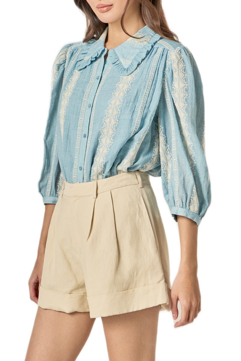 Ruffle Embroidered Puff Shoulder Shirt, Alternate, color, POWDER BLUE/ NATURAL