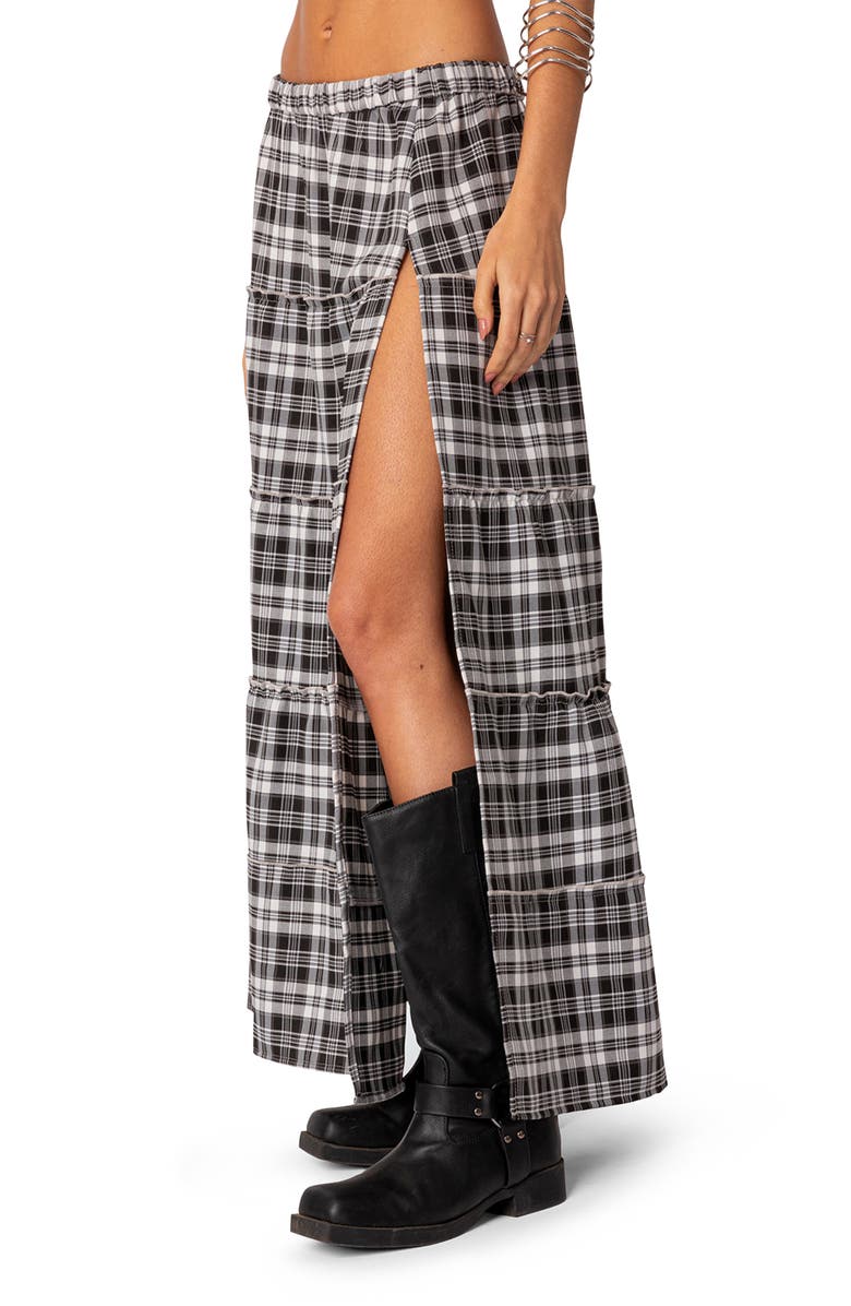 EDIKTED Plaid Tiered Slit Maxi Skirt, Alternate, color, Black-And-White