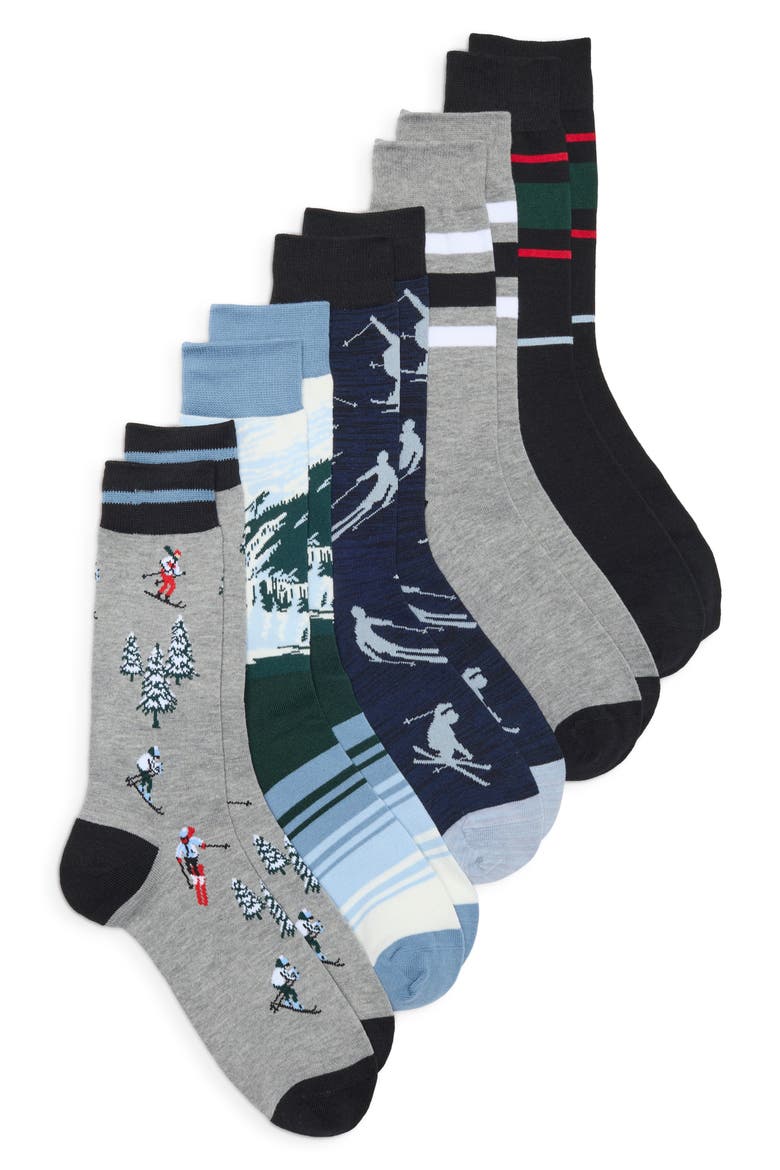 5-Pack Holiday Flat Knit Crew Socks, Alternate, color, BLUE GREY SKIER MULTI