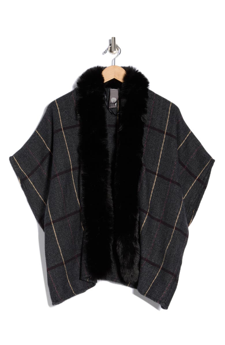 Vince Camuto Faux Fur Collar Plaid Ruana, Alternate, color, Black