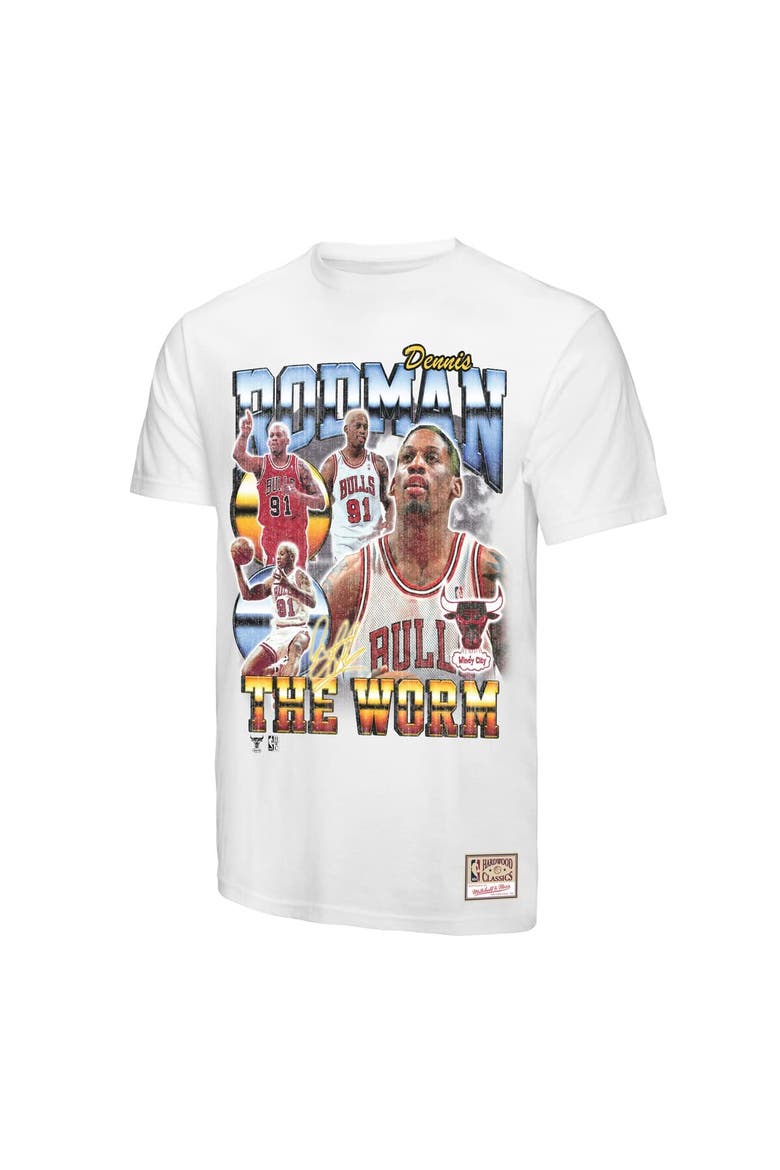 Men's Mitchell & Ness Dennis Rodman White Chicago Bulls Hardwood Classics Commemorative Player Collage T-Shirt, Alternate, color, White