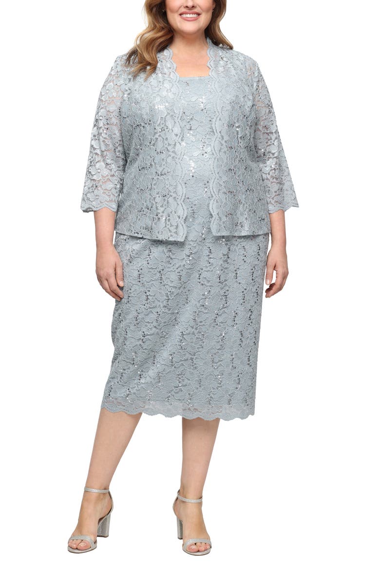 SLNY Floral Lace Sequin Cardigan & Dress Set, Main, color, SAGE