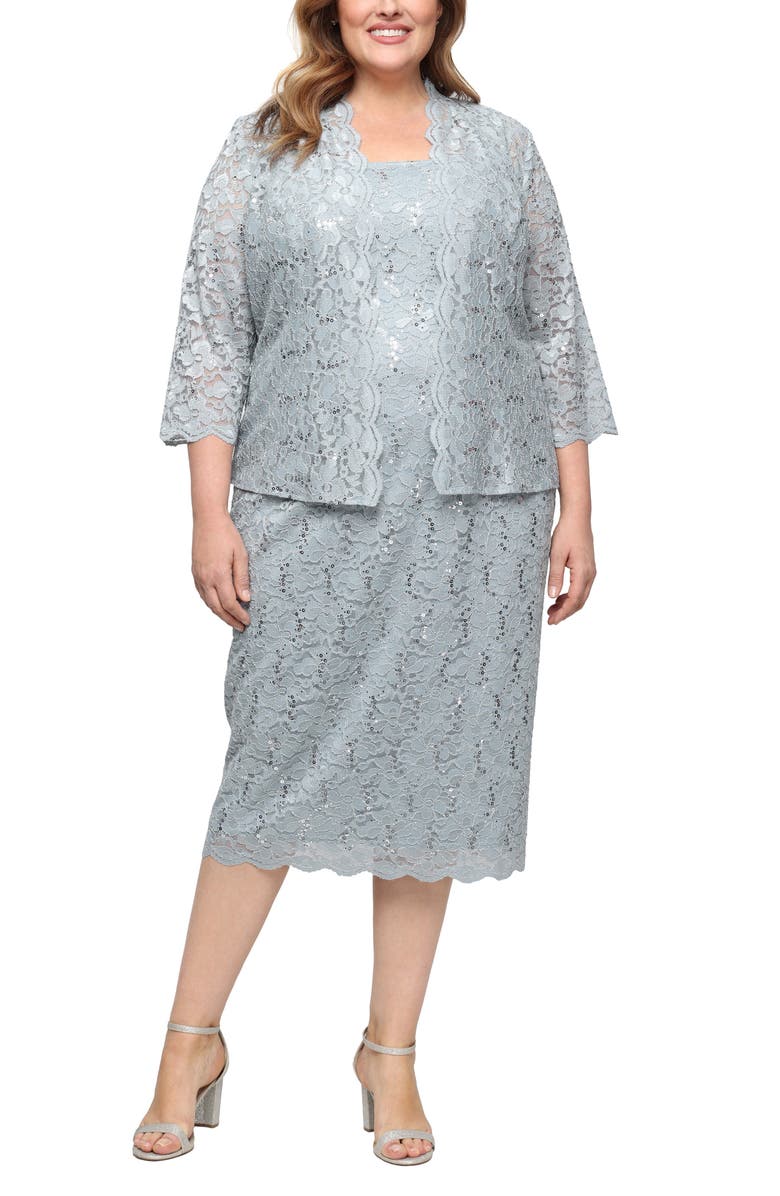 SL FASHIONS SLNY Floral Lace Sequin Cardigan & Dress Set, Main, color, Sage