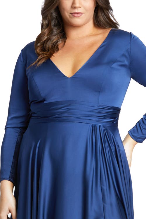 Mac Duggal Classic Satin Long Sleeve Evening Gown In Midnight