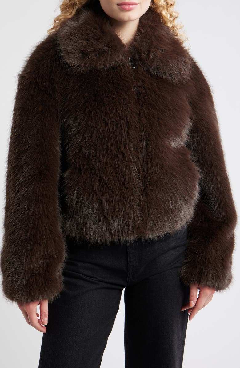 BCBG Cropped Faux Fur Jacket, Alternate, color, Dark Mocha