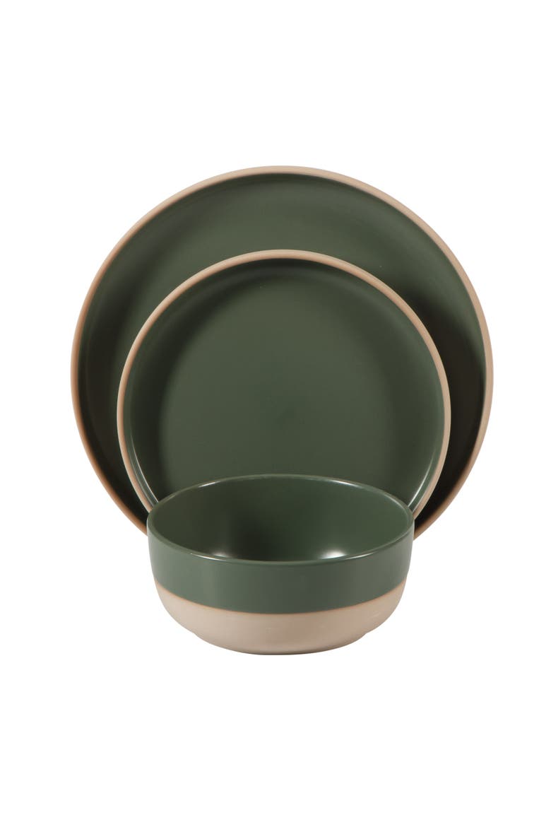 Plates and Bowls Set 12 Piece Stoneware Dinnerware Set with Raw Bottom Finish for 4, Alternate, color, Green