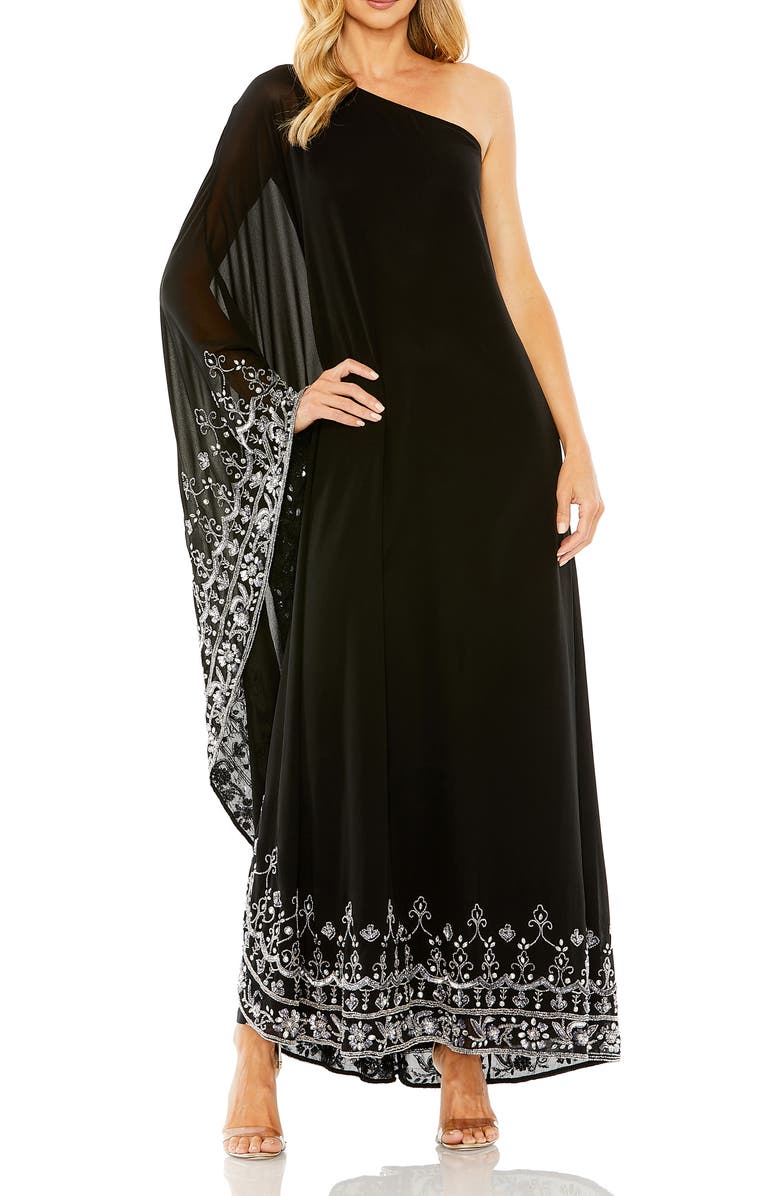 Mac Duggal One Shoulder Embellished Trapeze Gown, Main, color, Black Silver