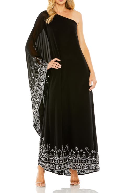 One Shoulder Embellished Trapeze Gown