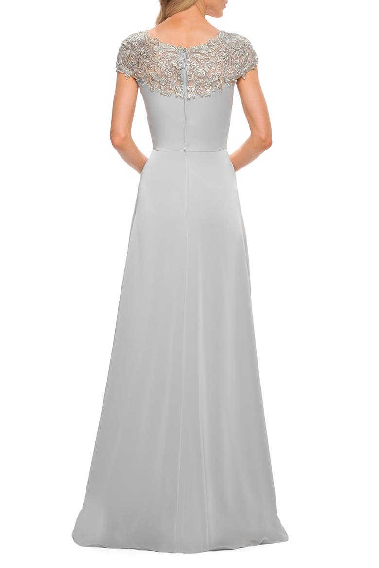 Jersey Gown with Full Skirt and Lace Detail Top, Alternate, color, Silver