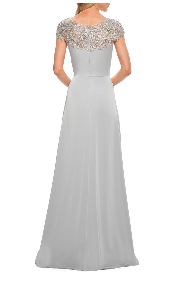 La Femme Jersey Gown with Full Skirt and Lace Detail Top, Alternate, color, Silver