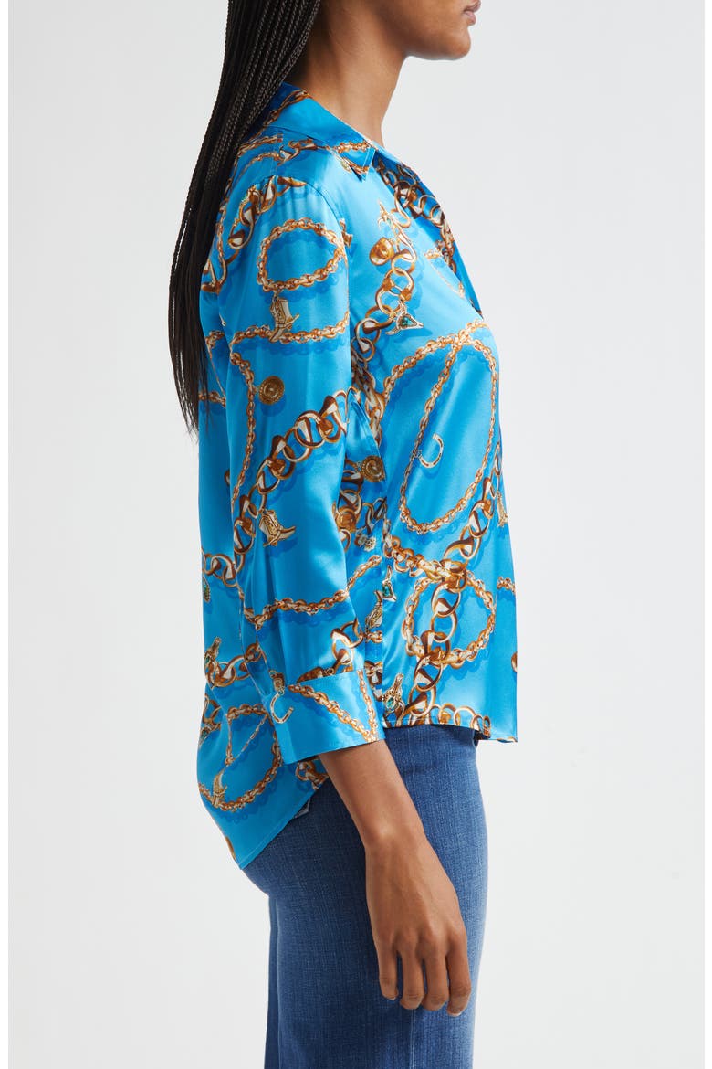 Dani Chain Print Three-Quarter Sleeve Silk Button-Up Shirt, Alternate, color, DRESDEN BLUE/ GOLD CHAIN