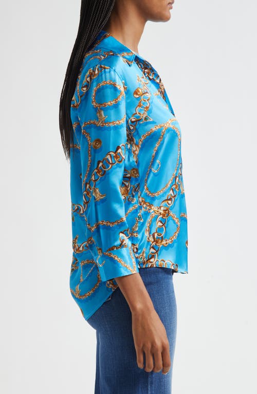 L Agence L'agence Dani Chain Print Three-quarter Sleeve Silk Button-up Shirt In Blue