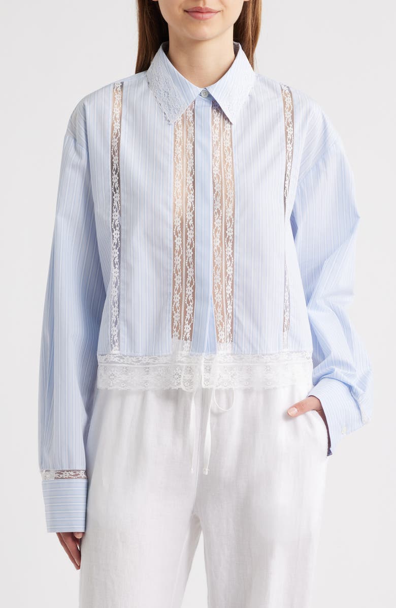 LoveShackFancy Delano Lace Panel Woven Shirt, Main, color, Sky Lagoon