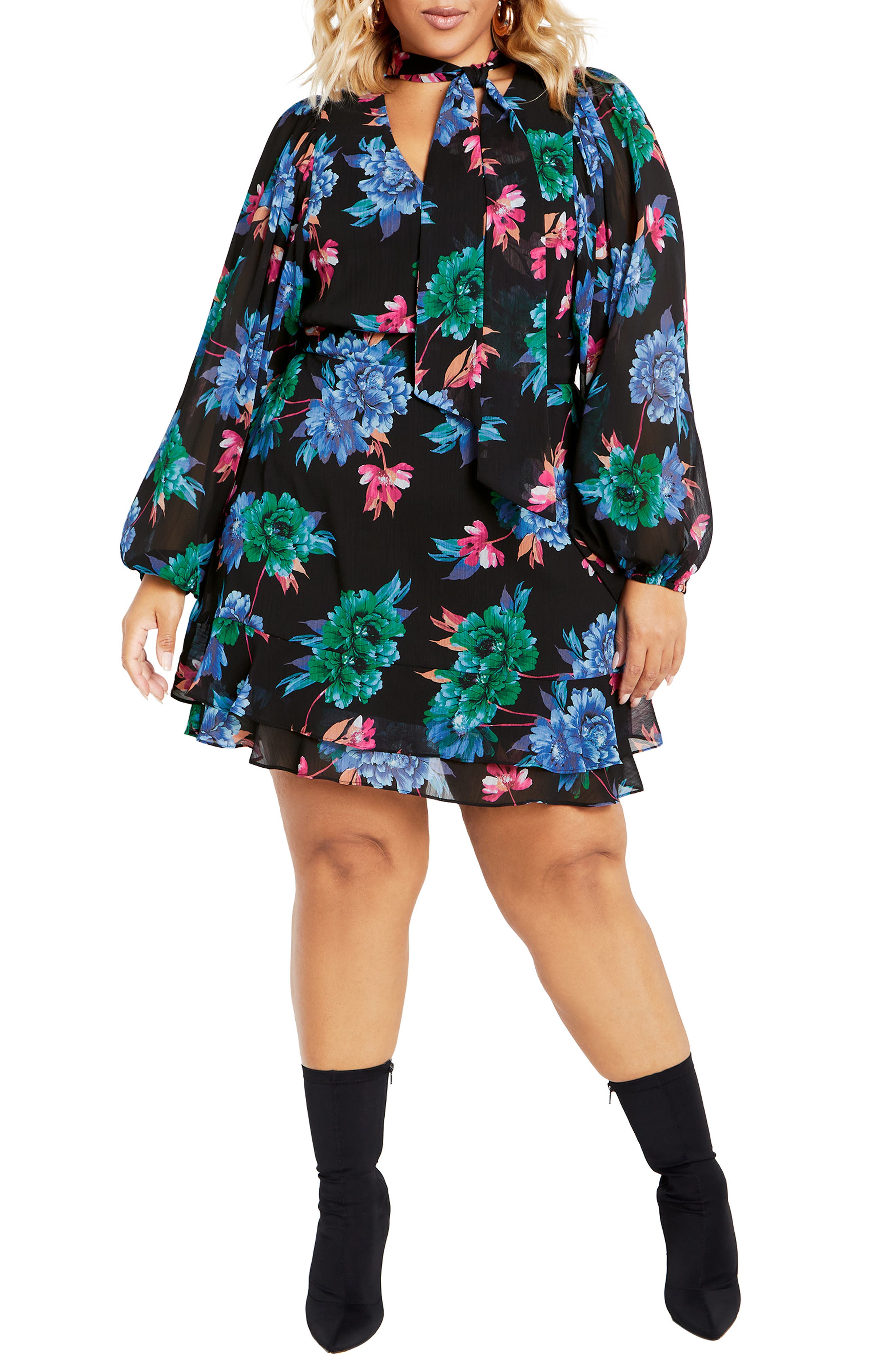 City Chic Blakely Floral Print Long Sleeve Minidress