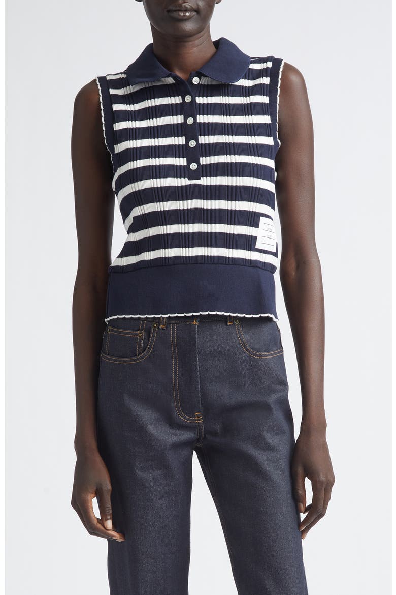 Stripe Scallop Edge Sleeveless Cotton Rib Polo, Main, color, NAVY/ WHITE