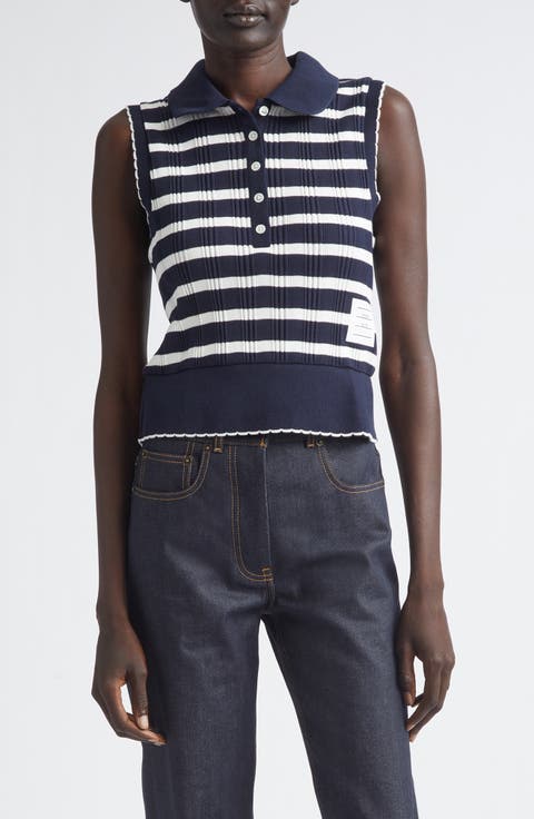 Stripe Scallop Edge Sleeveless Cotton Rib Polo