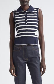 Thom Browne Stripe Scallop Edge Sleeveless Cotton Rib Polo