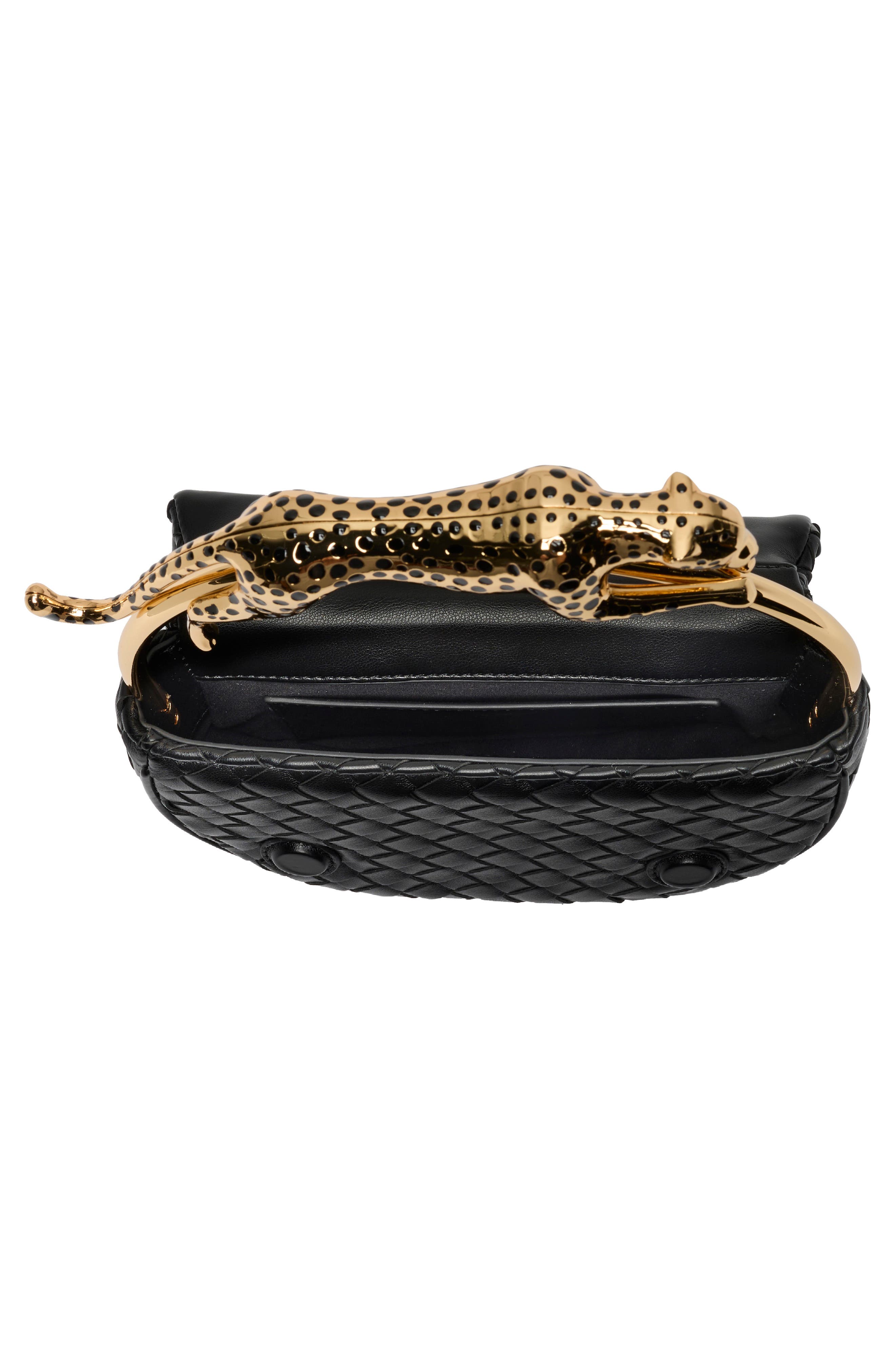 Ione Leopard Shaped Hardware Woven Clutch, Alternate, color, BLACK