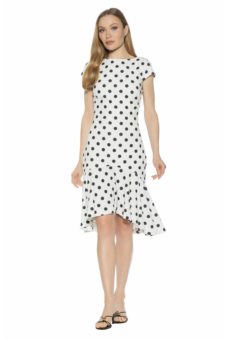 Renata Cap Sleeve Handkerchief Hem Knit Dress, Alternate, color, IVORY POLKA