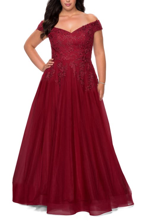 La Femme Off The Shoulder Tulle Plus Size Gown With Lace In Burgundy