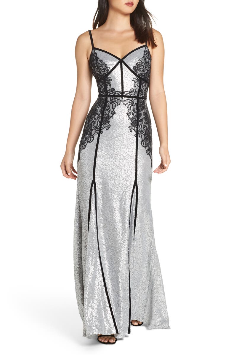 Tadashi Shoji Sleeveless Sequin & Lace Gown, Main, color,