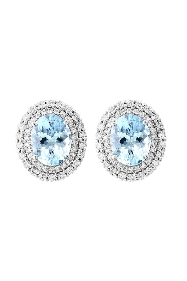 14K White Gold Diamond Aquamarine Oval Stud Earrings, Main, color, 14K Gold