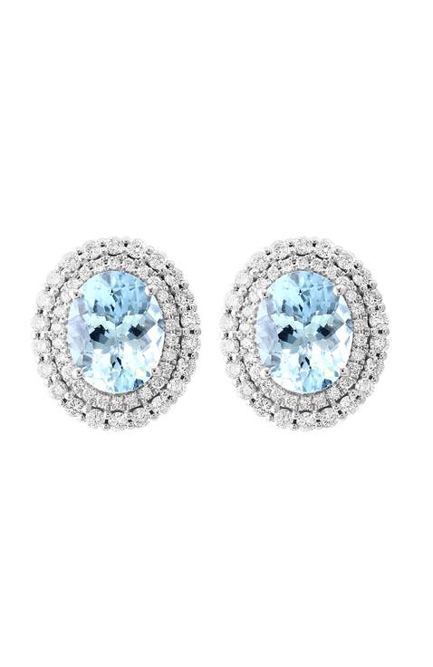 14K White Gold Diamond Aquamarine Oval Stud Earrings