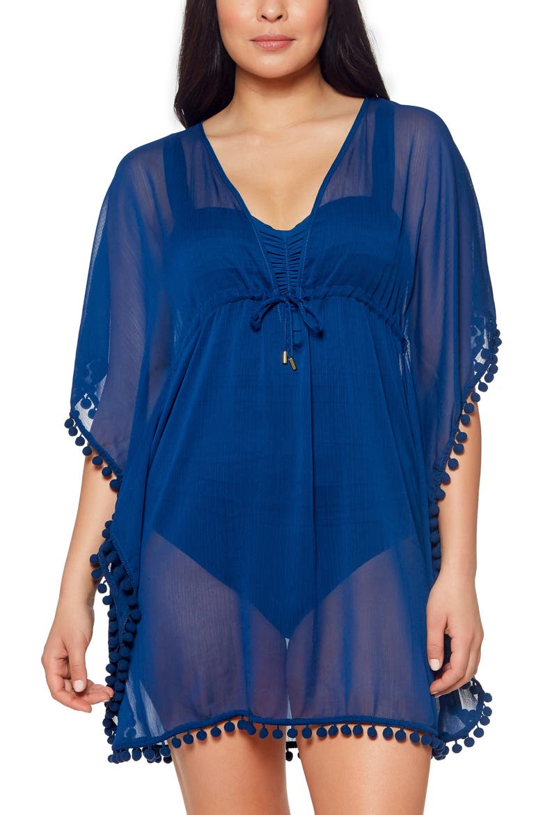 Gypset Pompom Sheer Cover-Up Caftan, Main, color, NAVY