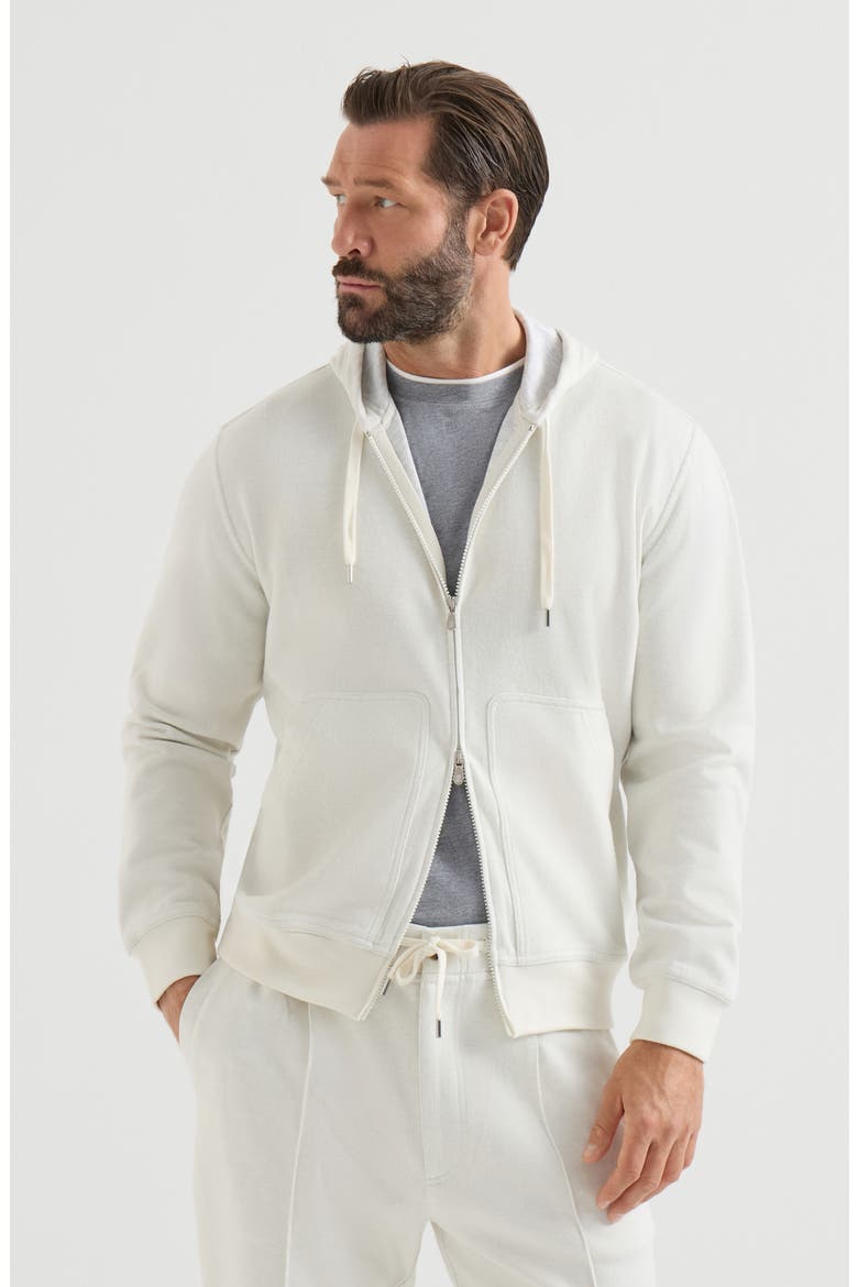Cashmere and cotton French terry double cloth hooded sweatshirt with zipper, Main, color, Off-White