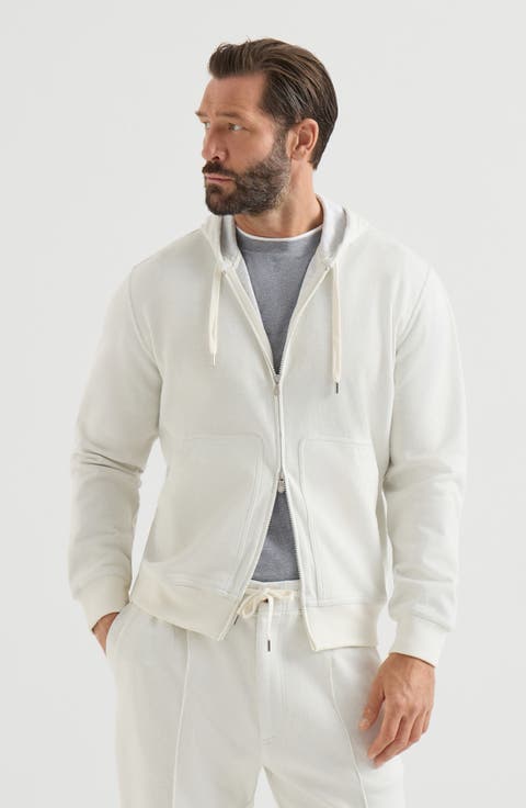 Cashmere and cotton French terry double cloth hooded sweatshirt with zipper