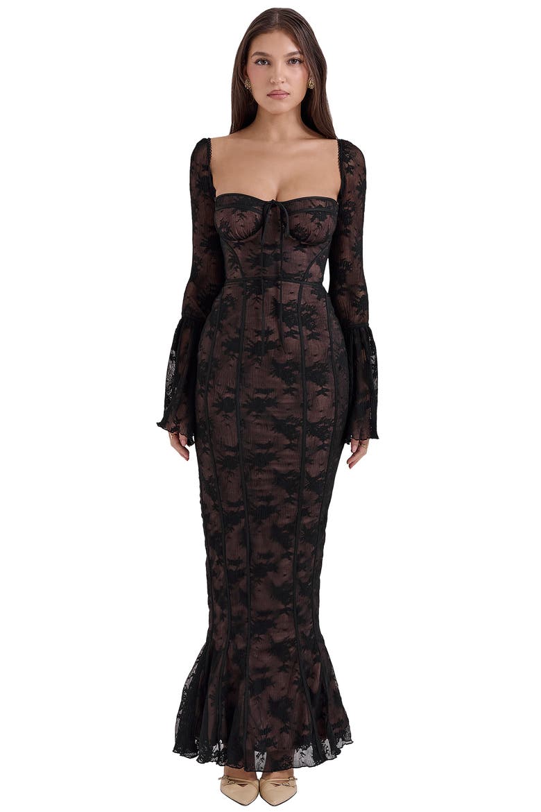 Delilah Long Sleeve Lace Overlay Mermaid Dress, Alternate, color, BLACK