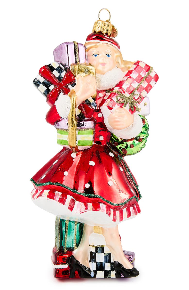 MACKENZIE CHILDS Check it Out Shopper Lady Glass Ornament, Main, color, Red