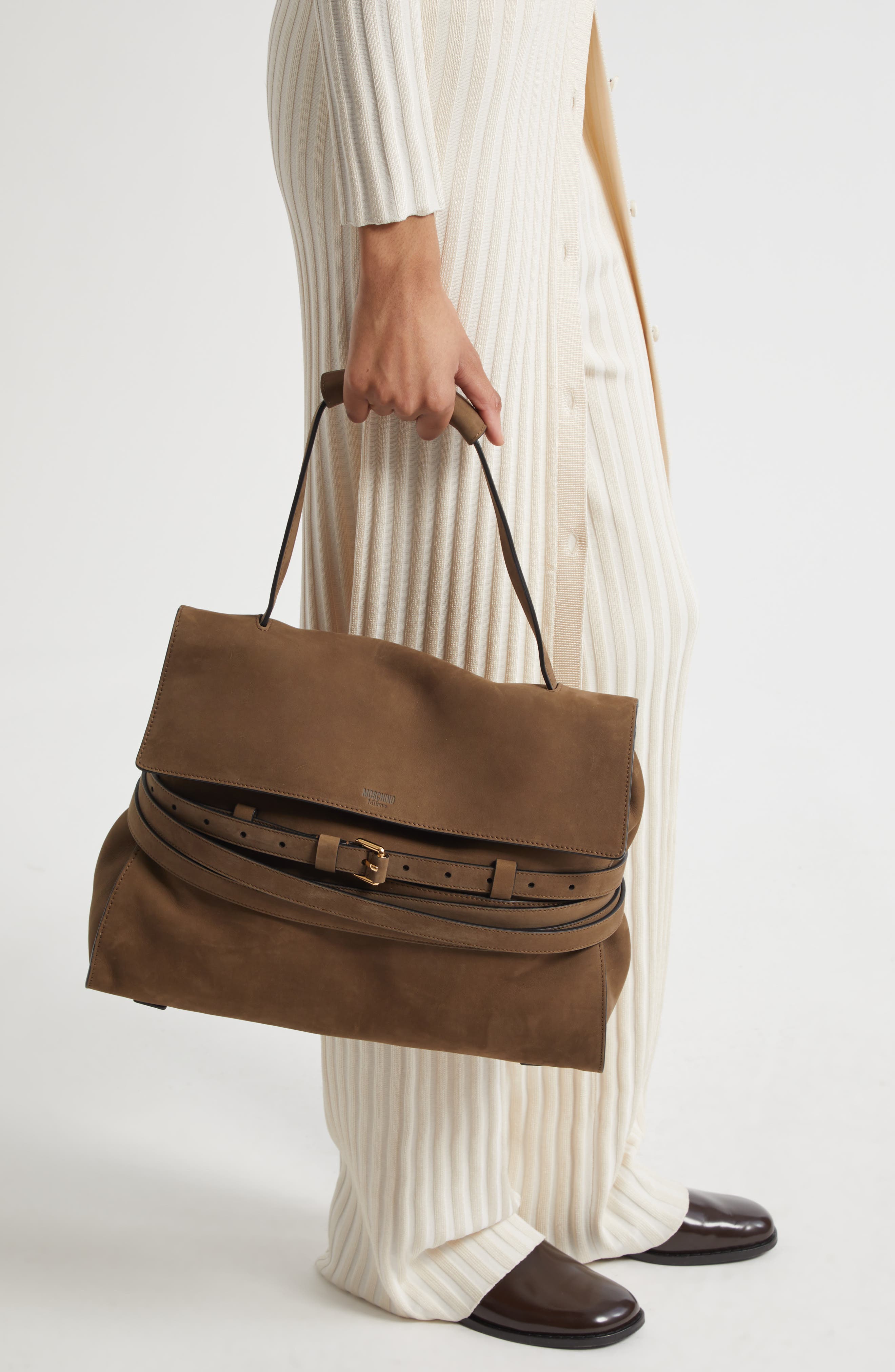 Moschino Medium Tie Me Suede Shoulder Bag, Alternate, color, Forest