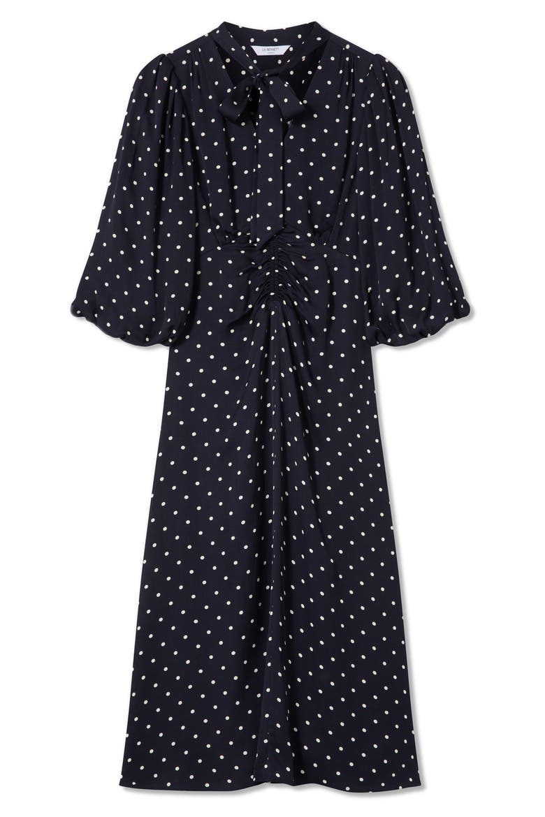 Hester Dot Tie Neck Midi Dress, Alternate, color, NAVY