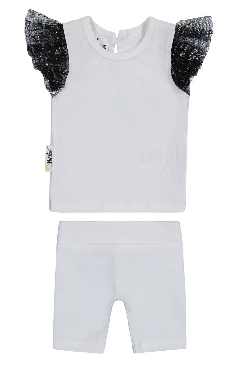 Manière Glitter Mesh Top & Shorts Set, Main, color, White/Black