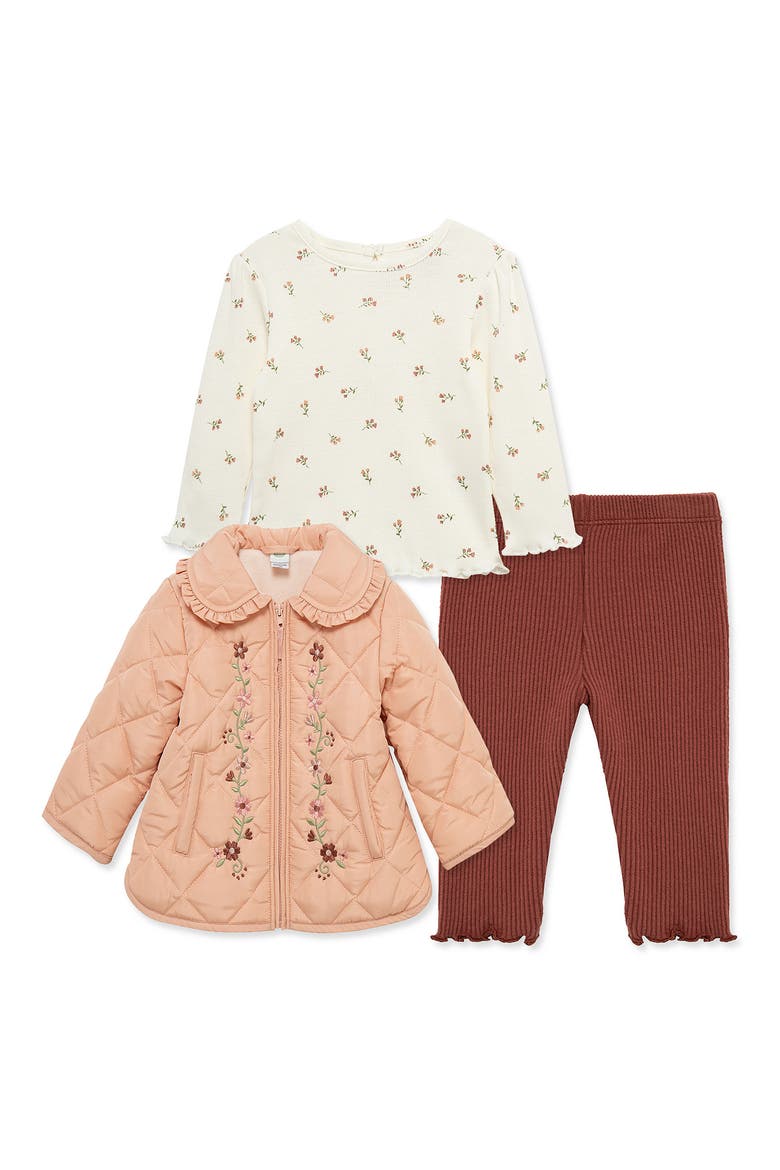 Kids' 3-Piece Quilted Jacket, Tee & Pants Set, Main, color, PINK
