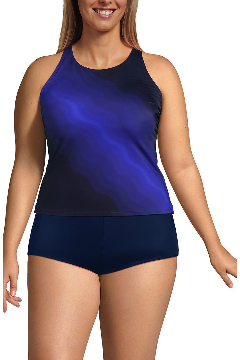 Plus Size DD-Cup Tugless High Neck Strappy Back Tankini Swimsuit Top, Main, color, Blue Wavy Ombre