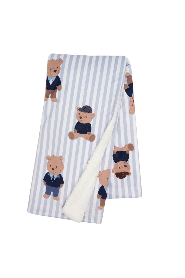 Blue Stripe Minky/Faux Shearling Sweater Bear Baby Blanket, Main, color, Blue