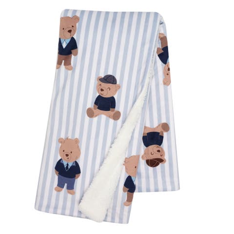 Blue Stripe Minky/Faux Shearling Sweater Bear Baby Blanket